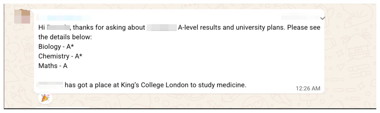 WhatsApp (parent) sharing Bilge A.’s results