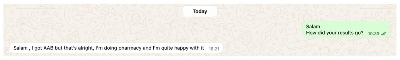 WhatsApp (student) sharing Sevda N.’s results