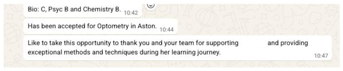 WhatsApp (parent) sharing Bora F.’s results