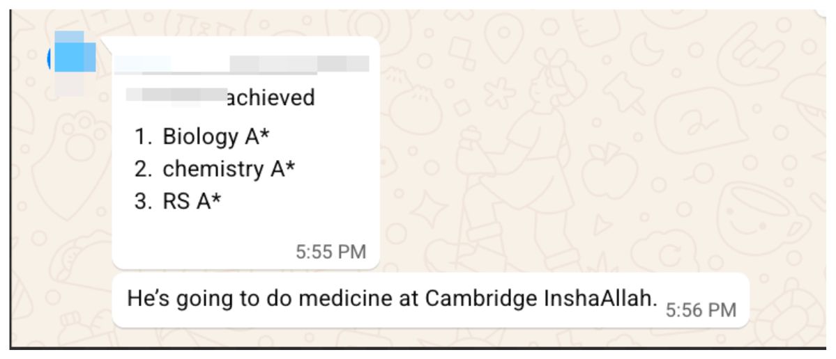 WhatsApp (parent) sharing Esin Q.’s results
