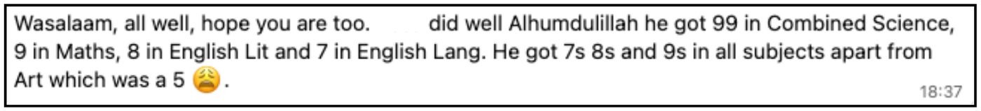 WhatsApp (parent) sharing Bilal Q.’s results