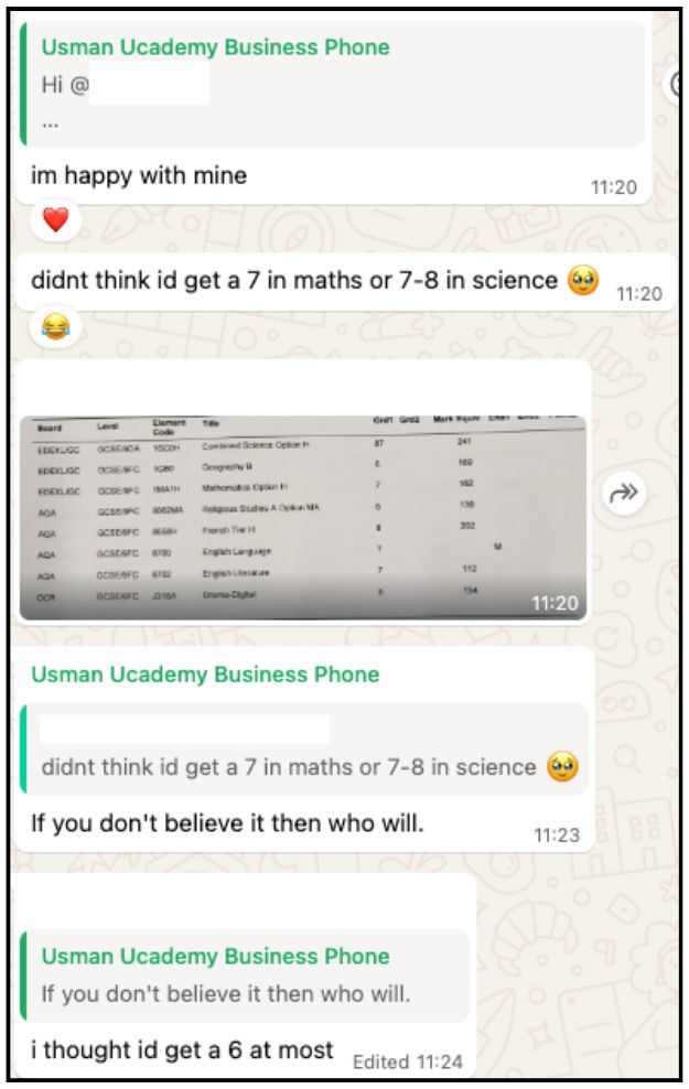 WhatsApp + results slip sharing Hana W.’s results