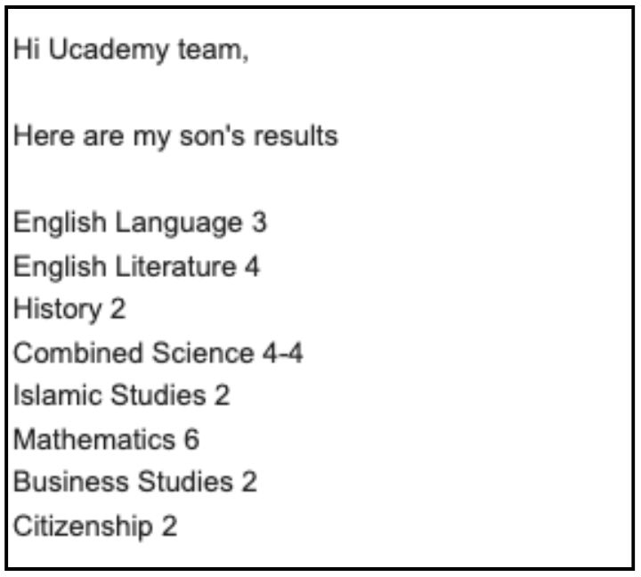 Email (parent) sharing Kian L.’s results