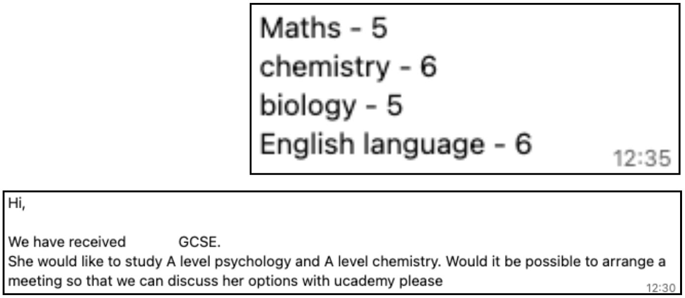 WhatsApp + email (parent) sharing Nura J.’s results