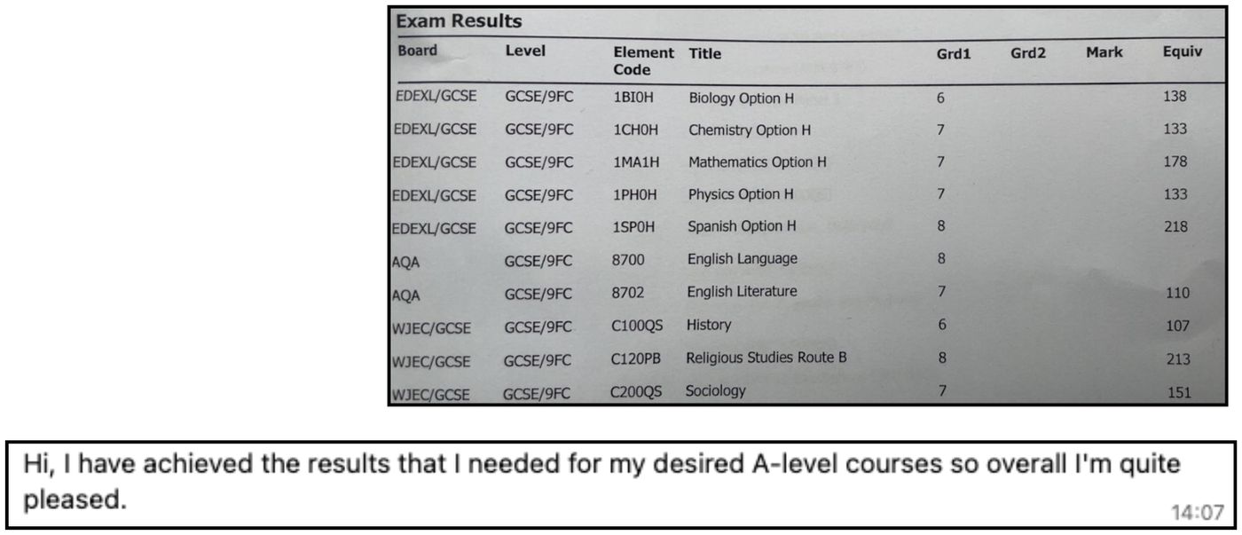 Results slip + WhatsApp sharing Aisha T.’s results