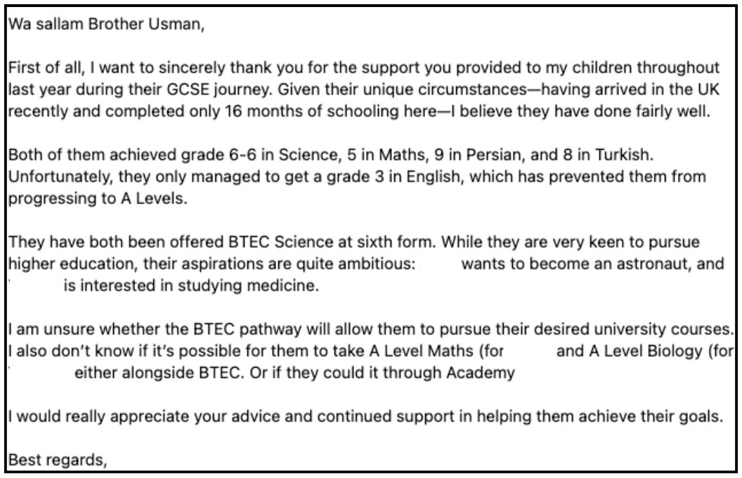Email (parent) sharing Malik S.’s results