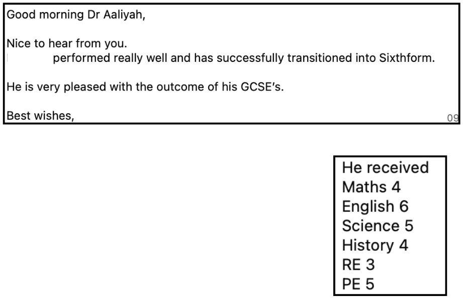 Email (parent) sharing Karim F.’s results