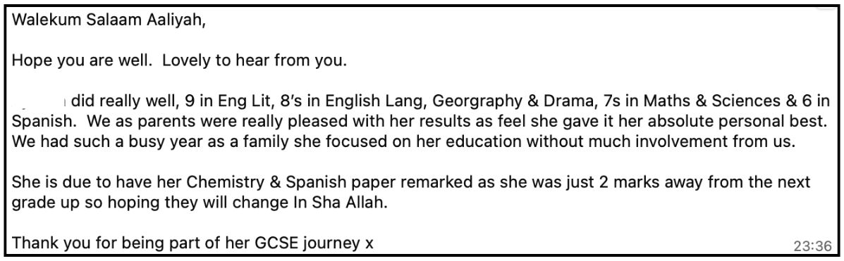 Email (parent) sharing Talia E.’s results