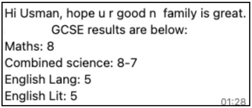 WhatsApp (parent) sharing Nabil P.’s results