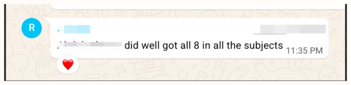 WhatsApp (parent) sharing Dalia T.’s results