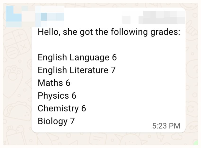 WhatsApp (parent) sharing Sana H.’s results