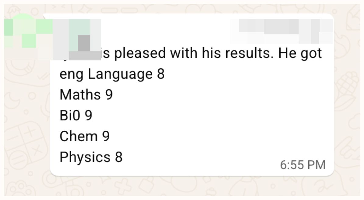 WhatsApp (parent) sharing Ozan P.’s results
