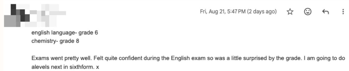 Email (student) sharing Aylin Y.’s results