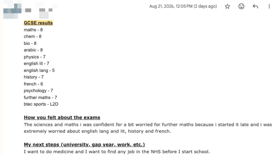 Email (student) sharing Tarek Z.’s results