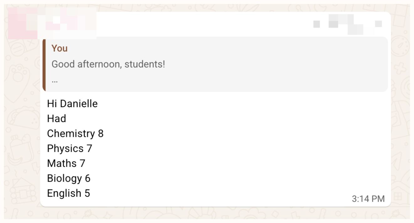 WhatsApp (parent) sharing Nihal V.’s results